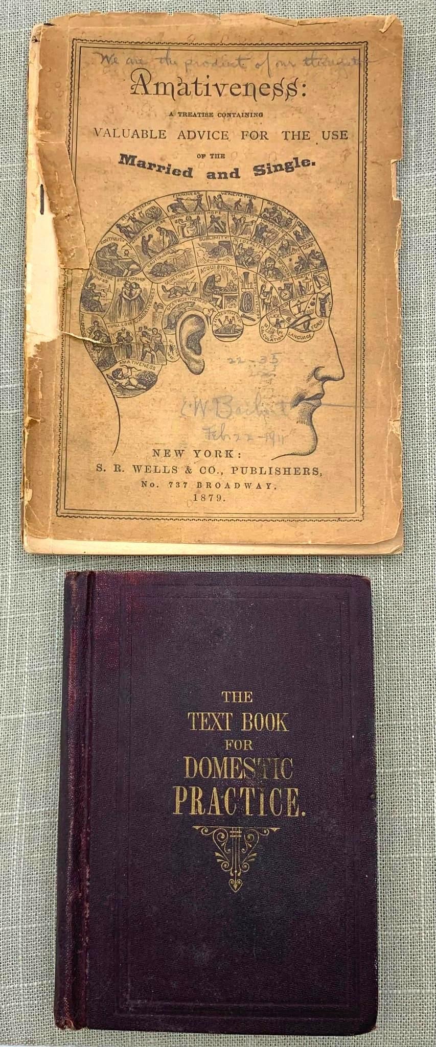 2 Antique Medical Books: Evils & Remedies of Excessive & Perverted Sexuality & Domestic Practice: 1)1879 Amativeness booklet with age and wear, the cover page is separate as shown, full of "interesting" Victorian era ideas on Sexuality, 7 1/4" x 5".2) Pocket size Homeopathic medici