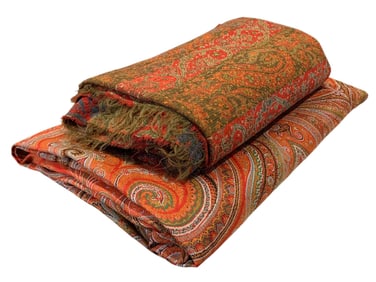 2 Victorian Era Vibrant Woven Wool Antique Textile Cutter Paisley Wraps