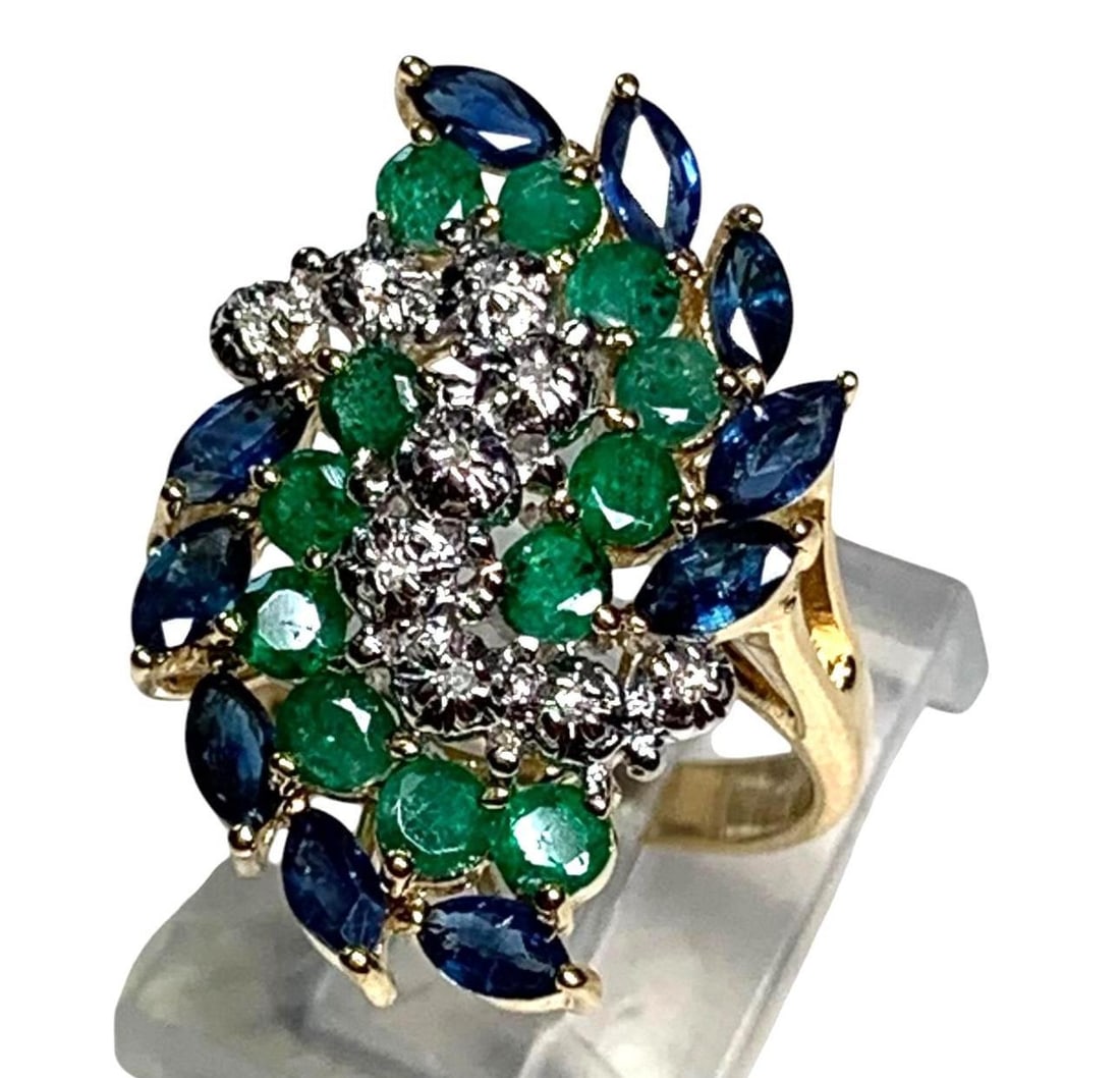 Dramatic 14k Yellow Gold 2.04 CTW Sapphire, Emerald & Diamond Cocktail Ring (1 of 15)