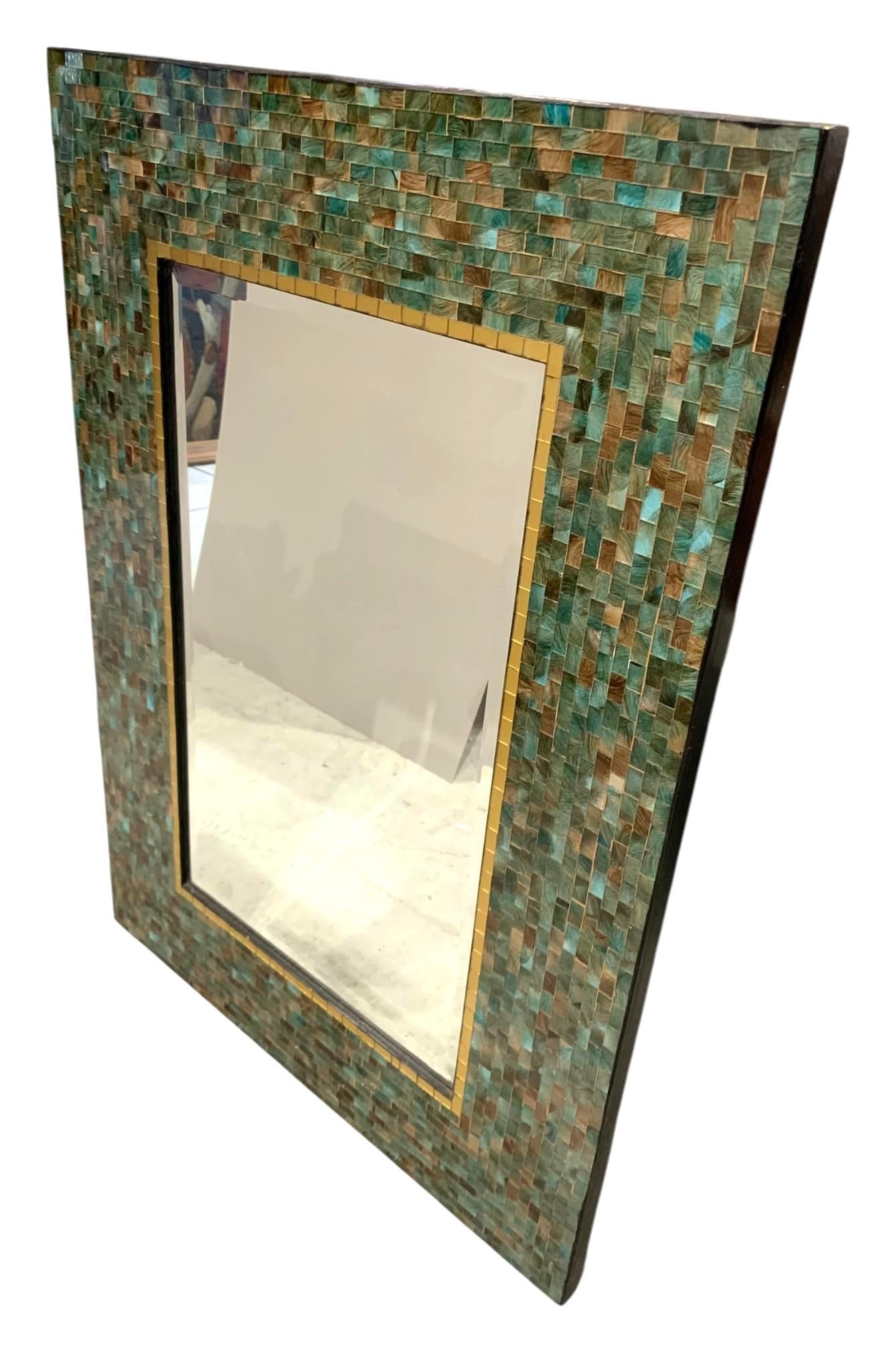 Outstanding Azure, Turquoise & Sand Mosaic Glass Beveled Hall Mirror (1 of 10)