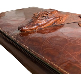 Creepy Cool 1930s Crocodile Taxidermy Oversize Leather Clutch Handbag