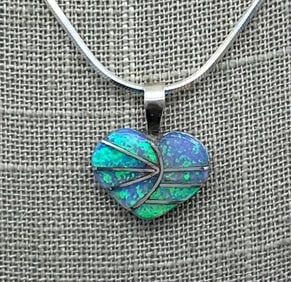 Zuni Opalite Native American Artist Signed Mosaic Heart Pendant & Sterling Silver Chain