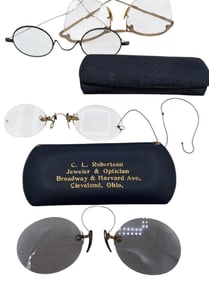 4 Pair Victorian Pince Nez Sunglasses & Glasses, Wire Rim Spectacles & Mid Century Cat Eyeglasses