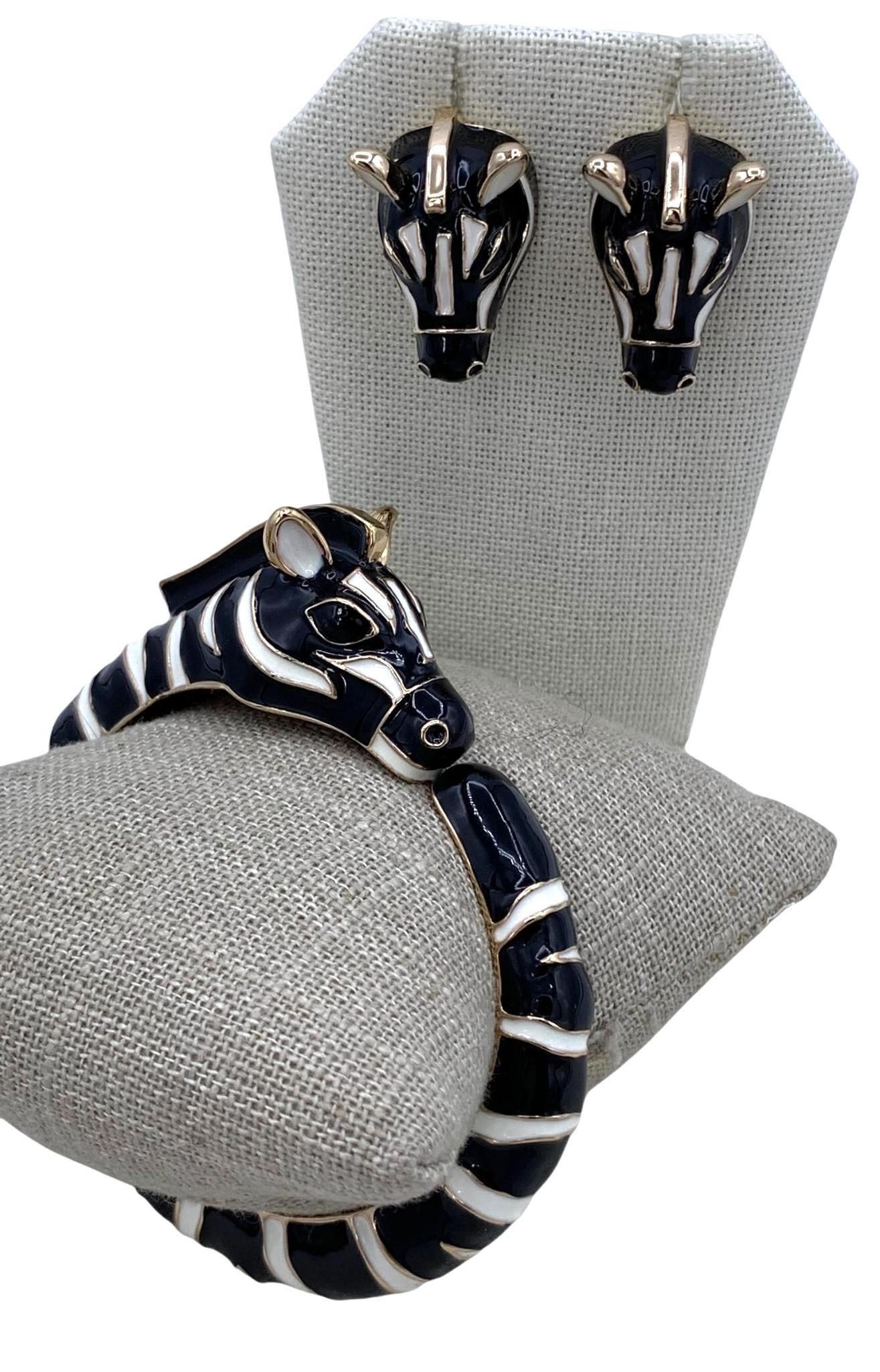 Fantastic Vintage Zebra Hinged Enamel Bangle & Pierced Earring Set (1 of 13)