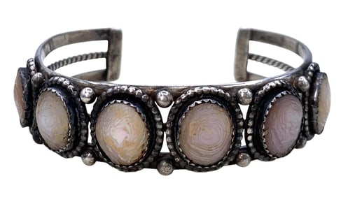 Vintage 28 Gram Native American Crafted Mother of Pearl Silver Cuff Bracelet