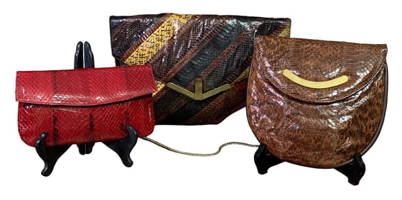 3 Vintage 80s Snakeskin Handbags: Robert Bestien Envelope Clutch, Margolin Shoulder Bag, Ruby Wallet