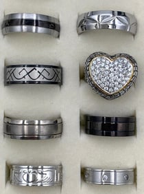 40 Glittering Rhinestone Studded Black & Silver Costume Jewelry Ring Collection