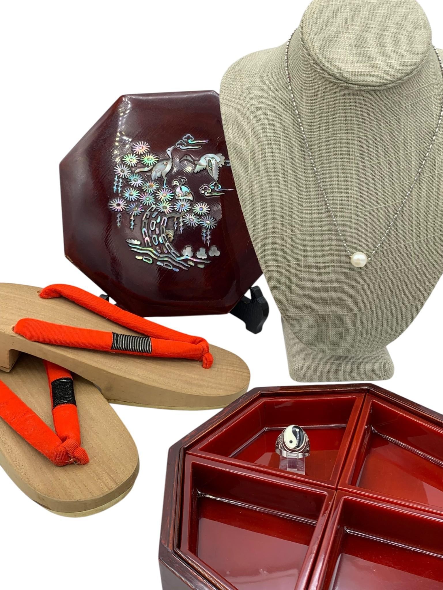 Exotic Oriental Inlaid MOP Heron Bird Lacquer Box, Geta Clogs, Sterling Ring & Large Pearl Necklace (1 of 20)