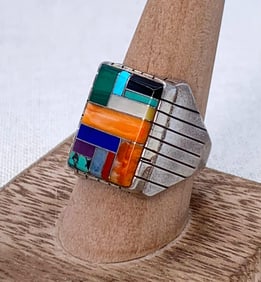 Navajo Ray Jack Artisan Made Inlaid Mosaic Stone 16.2 Gram Sterling Silver Ring