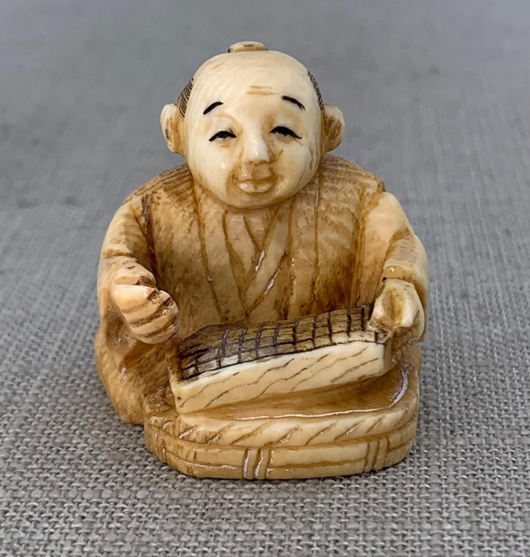 Early Hand Carved Japanese Merchant Netsuke, Artist Signed (1 of 7)