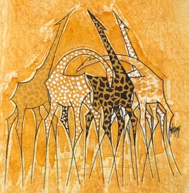Mid Century Artist Signed African Batik Giraffe Cotton Canvas Textile Art