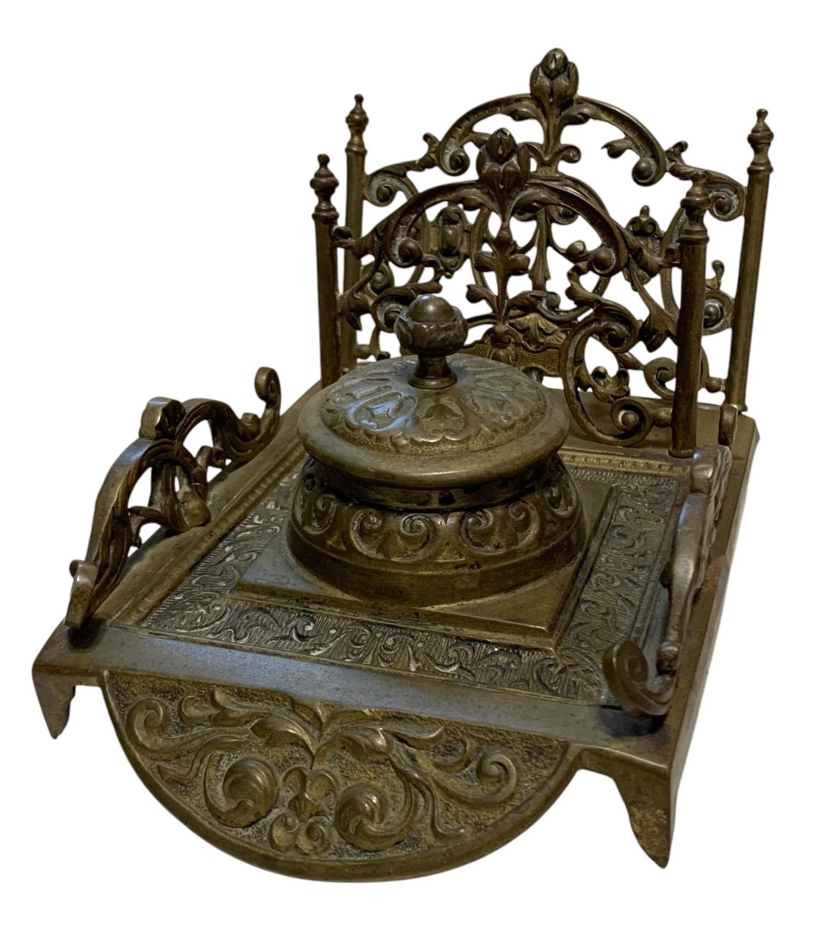 Antique Victorian Ornate Brass Inkwell, Letter Holder, Dip Pen Rest Desk Stand (1 of 10)