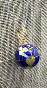 14k Yellow Gold Lapis Lazuli Earth Inlaid Mosaic Gemstone Continent Globe Necklace Pendant