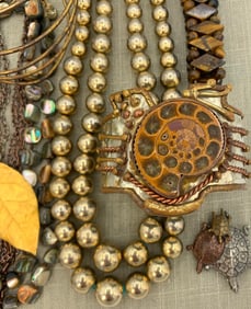 15 pc Fossilized Ammonite, Tigers Eye, MOP, Wood Costume Jewelry Collection