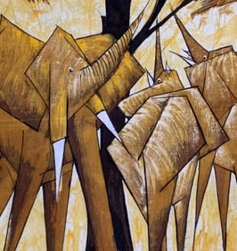 Mid Century Artist Signed African Batik Elephant Cotton Canvas Textile Art