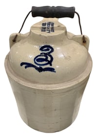 Unusual Antique 3 Gallon AKRON OHIO Wire Handle Stoneware Crock Jug with Spout, Cobalt Blue Detail