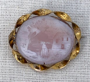Victorian Era Hand Carved Figural Landscape Vignette Soft Pink Cameo C Clasp Brooch