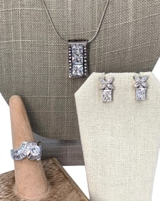 Sterling Silver & Sparkling CZ Pendant & 925 Chain, Pierced Earrings & Glamorous Dinner Ring