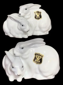 Pair E & R West Germany Golden Crown Fine Bavarian Porcelain Rabbits Statues