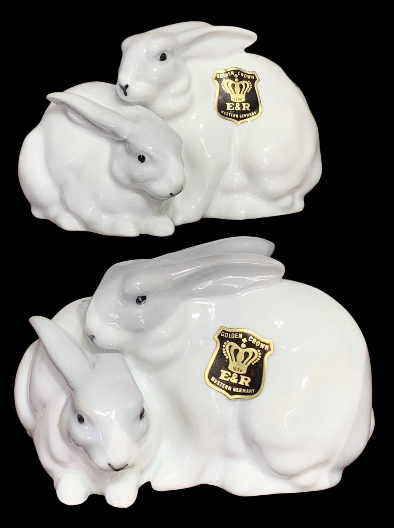 Pair E & R West Germany Golden Crown Fine Bavarian Porcelain Rabbits Statues (1 of 7)