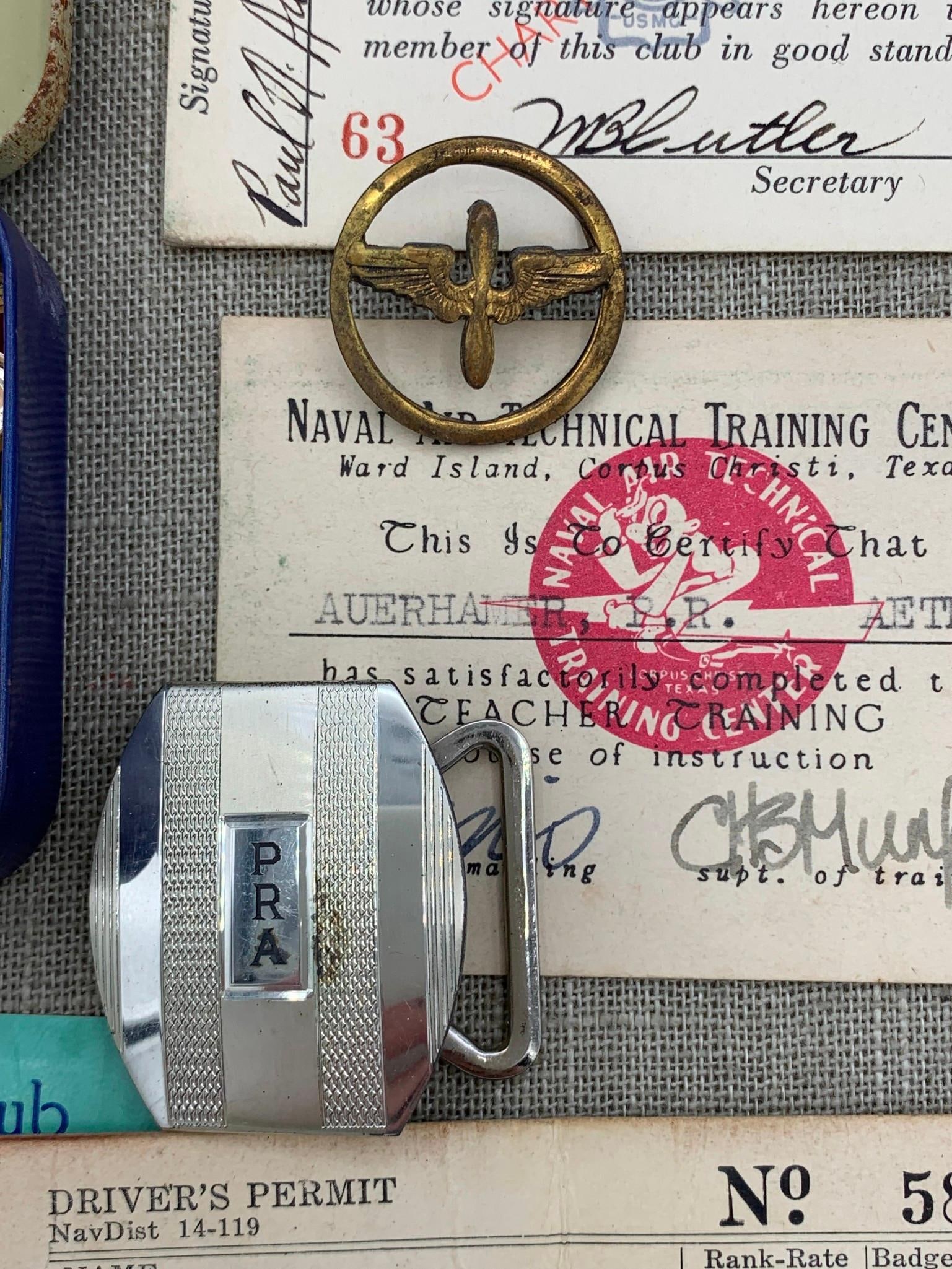 Paul Revere Auerhamer's 88pc US Military Navy Veteran Patches, Pins, ID Cards, Personal Collection: Pieces owned by a direct descendant of US Patriot Paul Revere - his 3rd Great Grandson Paul Revere Auerhamer, who was a WWII US Navy Veteran - all 88 pcs found in his Military footlocker trunk, a few 