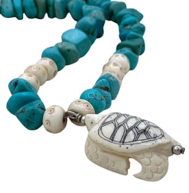 Incredible Turquoise Nugget, Carved Bead & Turtle Effigy Necklace