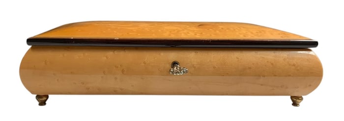 Italian Inlaid Floral Marquetry Birds Eye Maple Mid Century Musical Jewelry Box