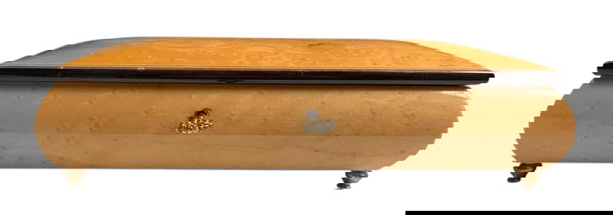 Italian Inlaid Floral Marquetry Birds Eye Maple Mid Century Musical Jewelry Box: Working wind up Mid Century era music box, metal pegged feet, fancy veneer rose velvet lined interior with age and wear to the fabric, Italian paper label on the underside, 10 1/2" x 6" x 3 1/4", peti