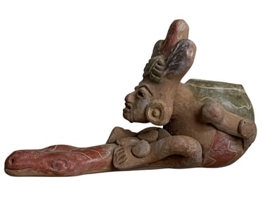 Pre-Columbian Style Tribal Snake Effigy Phallus Terracotta Smoking Pipe