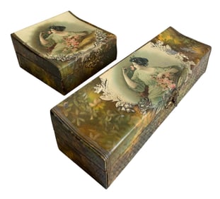 Pair Antique Edwardian Silk Lined Celluloid Dresser Boxes