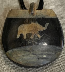 Large Carved Water Buffalo Horn Etched Elephant Pendant Necklace