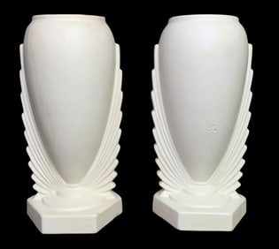 Pair Large Art Deco Haeger Pottery Winged Matte Cream Console, Mantel, Table, Urn Vases
