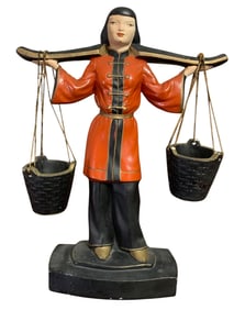 Exotic Mid Century Alexander Backer Co. Asian Chalkware Water Bearer Double Bucket Vase Statue