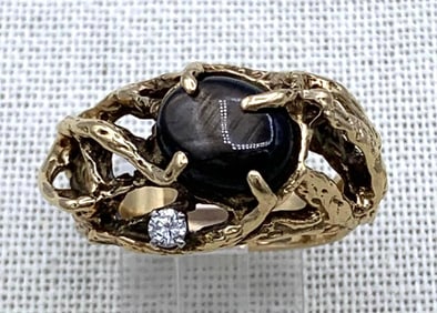 Incredible 11.1 Gram 14k Gold Custom Made Black Star Sapphire & Diamond Elvis Style Ring