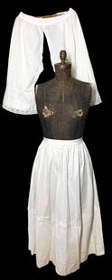 Antique Victorian Cartridge Pleated Petticoat & Split Crotch Pantaloon Ladies Undergarments: Winter white Civil War era cotton petticoat and antique Victorian era pantaloons, pintucked detailing on the petti with tiny cartridge pleated waistline, handmade crochet lace trim on the pantaloons,