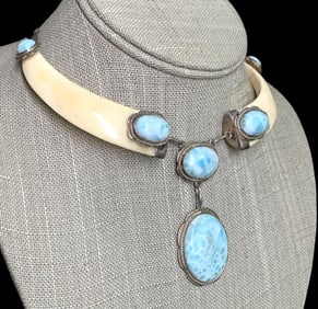 Boar Tusk, Larimar & Sterling Silver Bohemian Choker Necklace