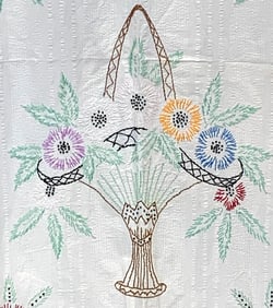 Vintage Hand Embroidered Seersucker White & Spring Green Flower Basket Coverlet, Cottage Bedspread