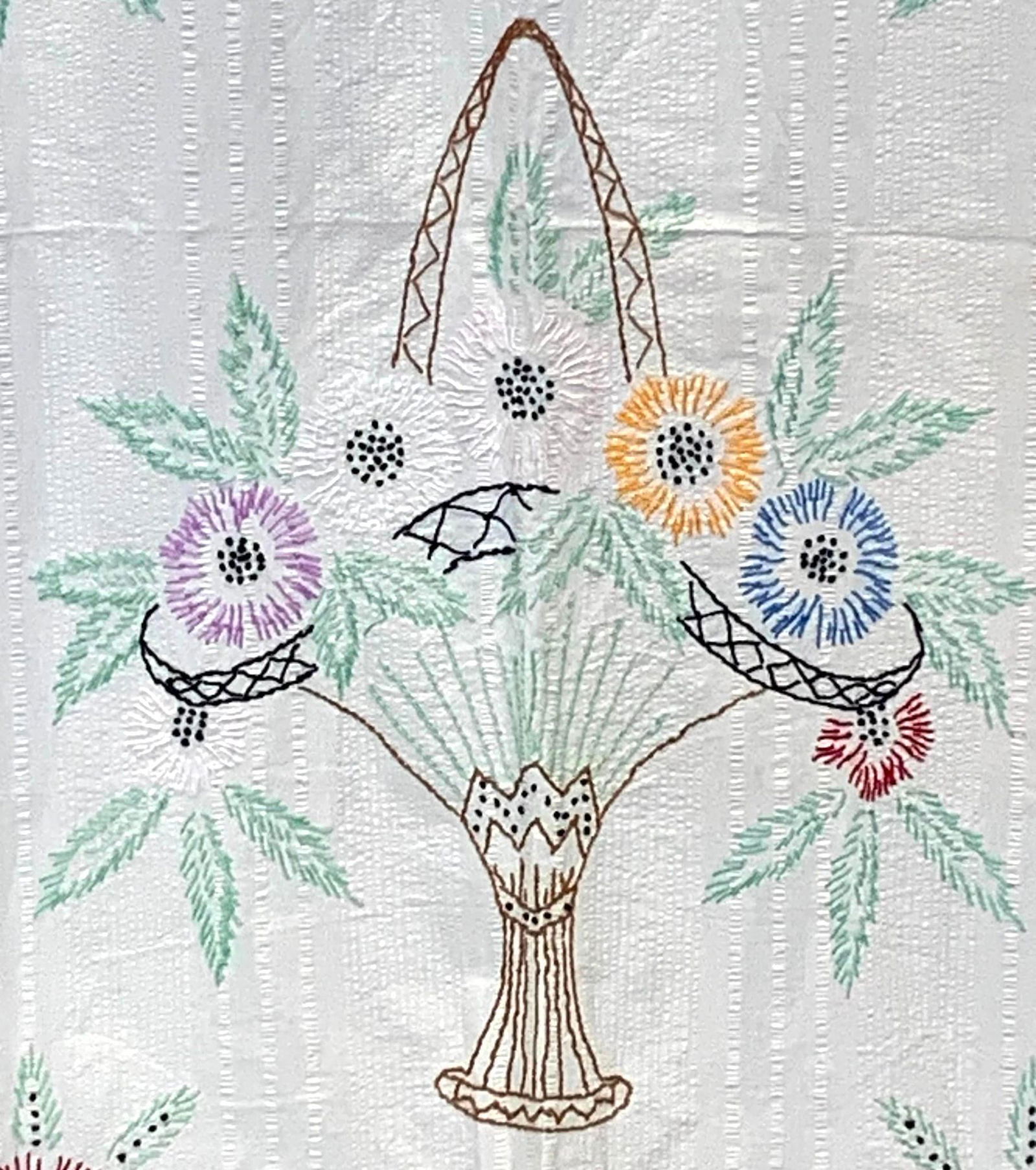 Vintage Hand Embroidered Seersucker White & Spring Green Flower Basket Coverlet, Cottage Bedspread (1 of 14)