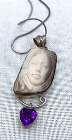 Sterling Silver & Amethyst Artist Signed Carved Face Pendant & 925 Chain
