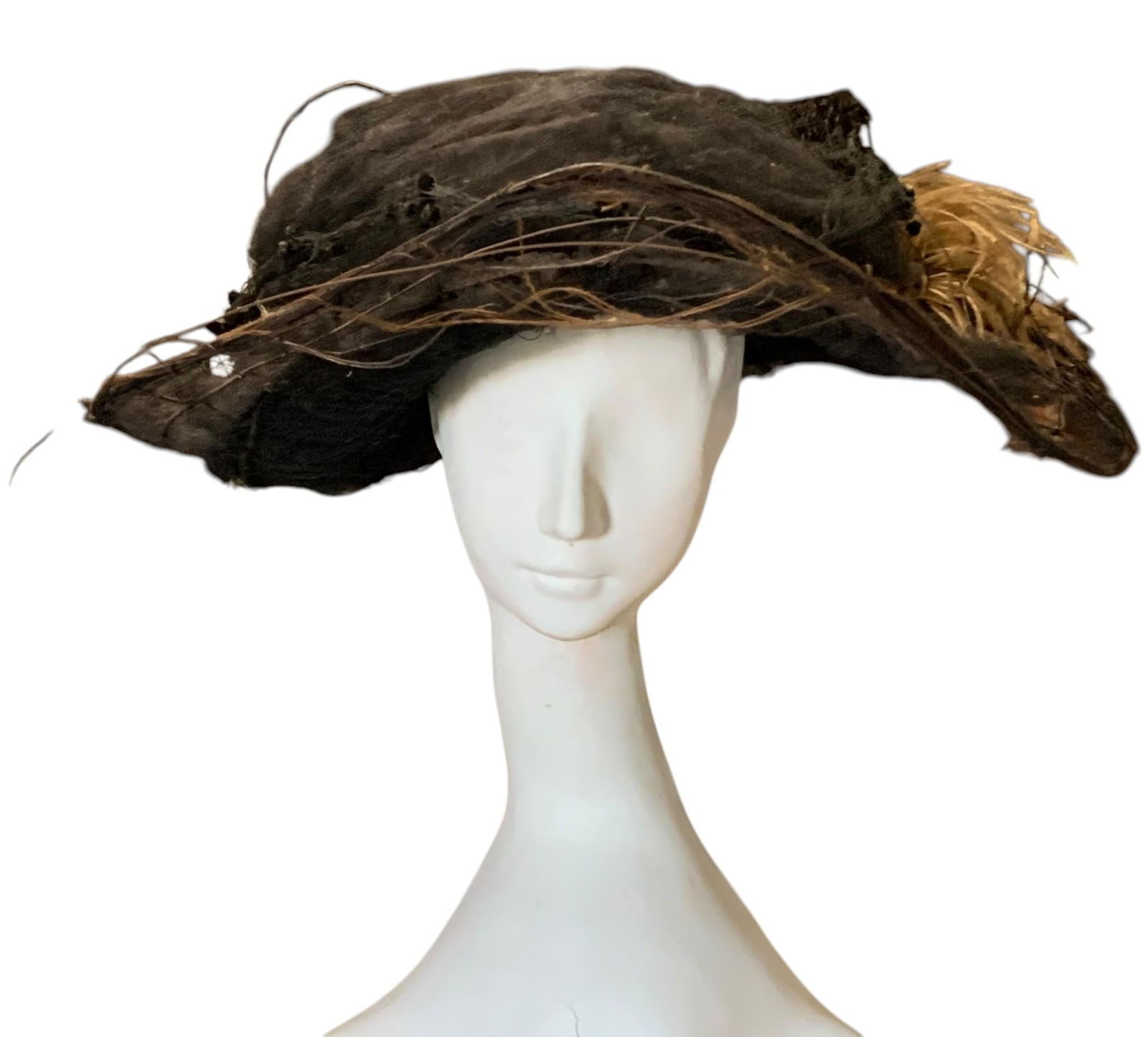 c1912 Titanic Era Asymmetrical Wire Brim Hat, Stern & Mann's Millinery & Fancy Goods Canton Ohio: Miss Haversham vibes with this once grand chapeau...draped and ruched silk net over a hand tied wire foundation, tufts of willow frond ostrich plumes and raven black berry trim, silk lined with the St