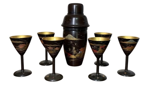 Mid Century Japanese Black Lacquer Cocktail Shaker & Stemmed Glass Barware Entertaining Set