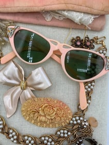 20 pc 1950s Cats Eye Sunglasses, Silk Hankie Pouch & Pink Costume Jewelry Collection