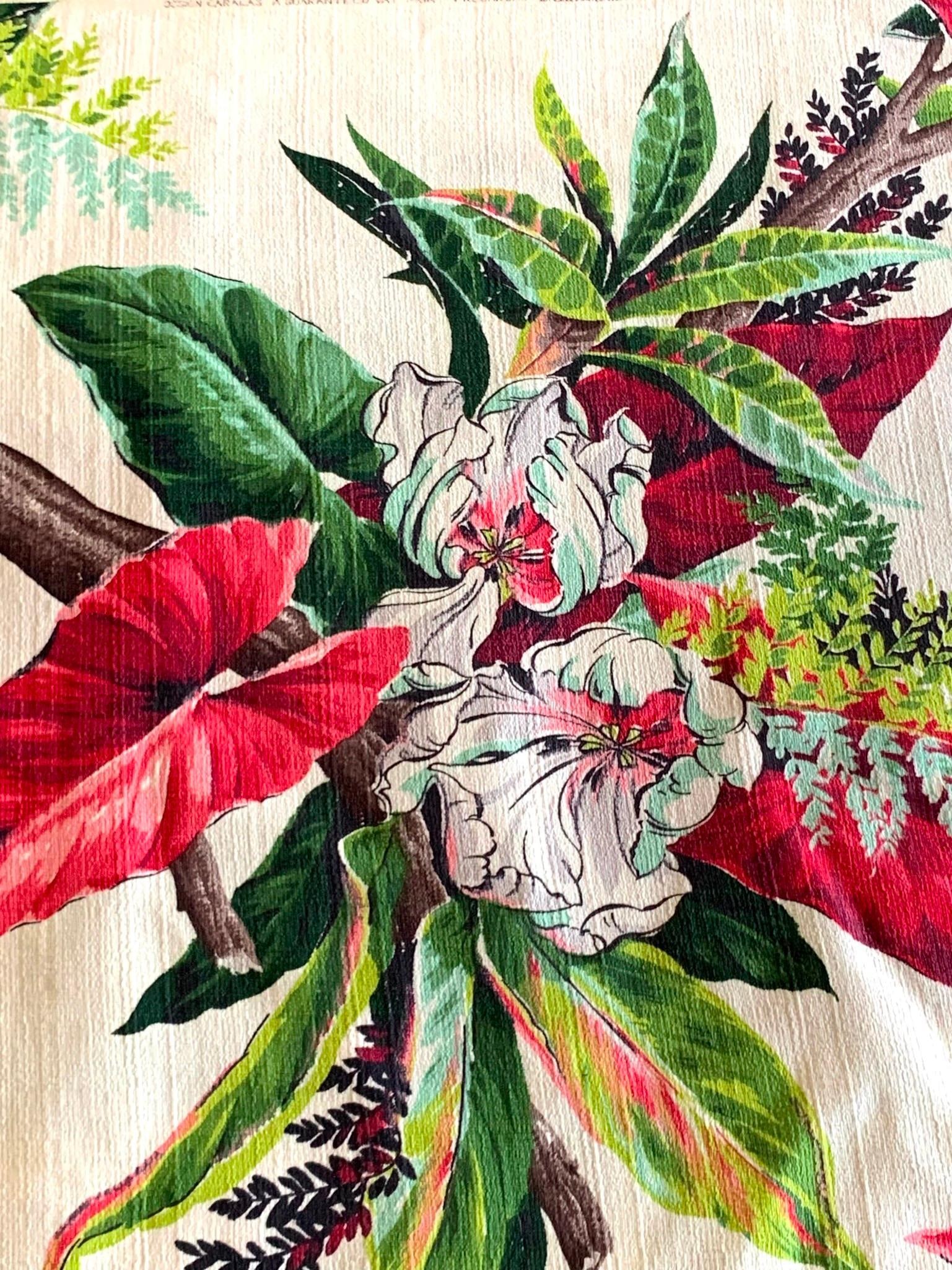 10+ Yards Deadstock Mid Century Tropical Anthurium & Orchid Single Length CARAKAS Barkcloth Fabric: Incredible hues and design in One Single Length, marked Carakas Guaranteed Vat Print Preshrunk, 46" x 10.8 YARDS, hefty in weight with fantastic texture. 