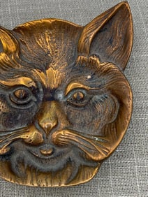 Pair Intricate Mid Century Brass Cat Face Trinket Trays