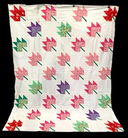 Vintage Hand Stitched Maple Leaf Quilt Top, Dresden Plate Blocks & Quilting, Sewing, Fabric