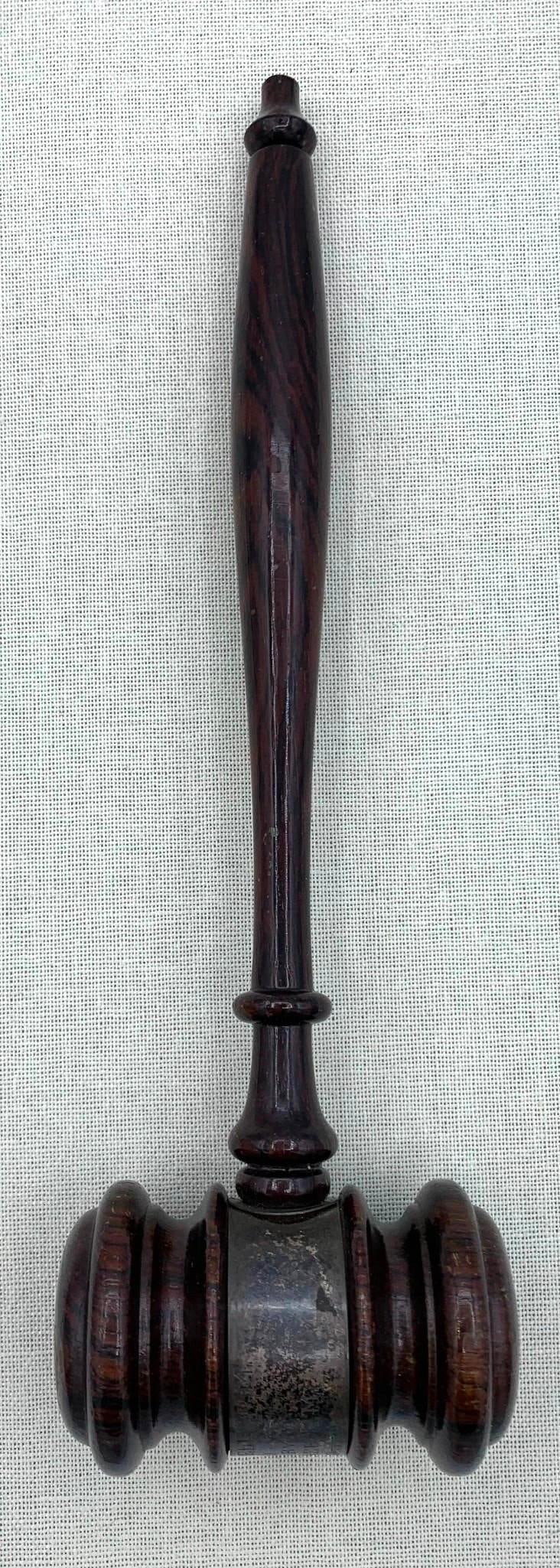 c1950 Ceremonial Engraved Silver & Wood Secret Society Meeting Gavel: Beautifully grained hardwood with silver wrap, 10 1/4" x 3 1/8", Engraved:?Elmer W Powell W.M. 1950-51Presented byVirgil R Chase P.M. 1949-50?