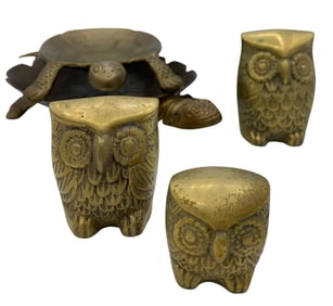5 pc Vintage Brass Owl Sculptures & Turtle Trays