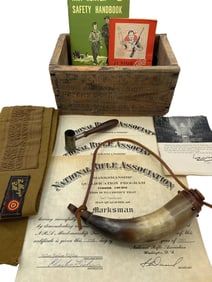 Paul Revere Auerhamer Black Powder Horn, Peter's Shot Wood Box & Shooting Ephemera