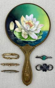 Antique Art Nouveau Painted Porcelain Waterlily Hand Mirror & Early Bar Brooch Collection