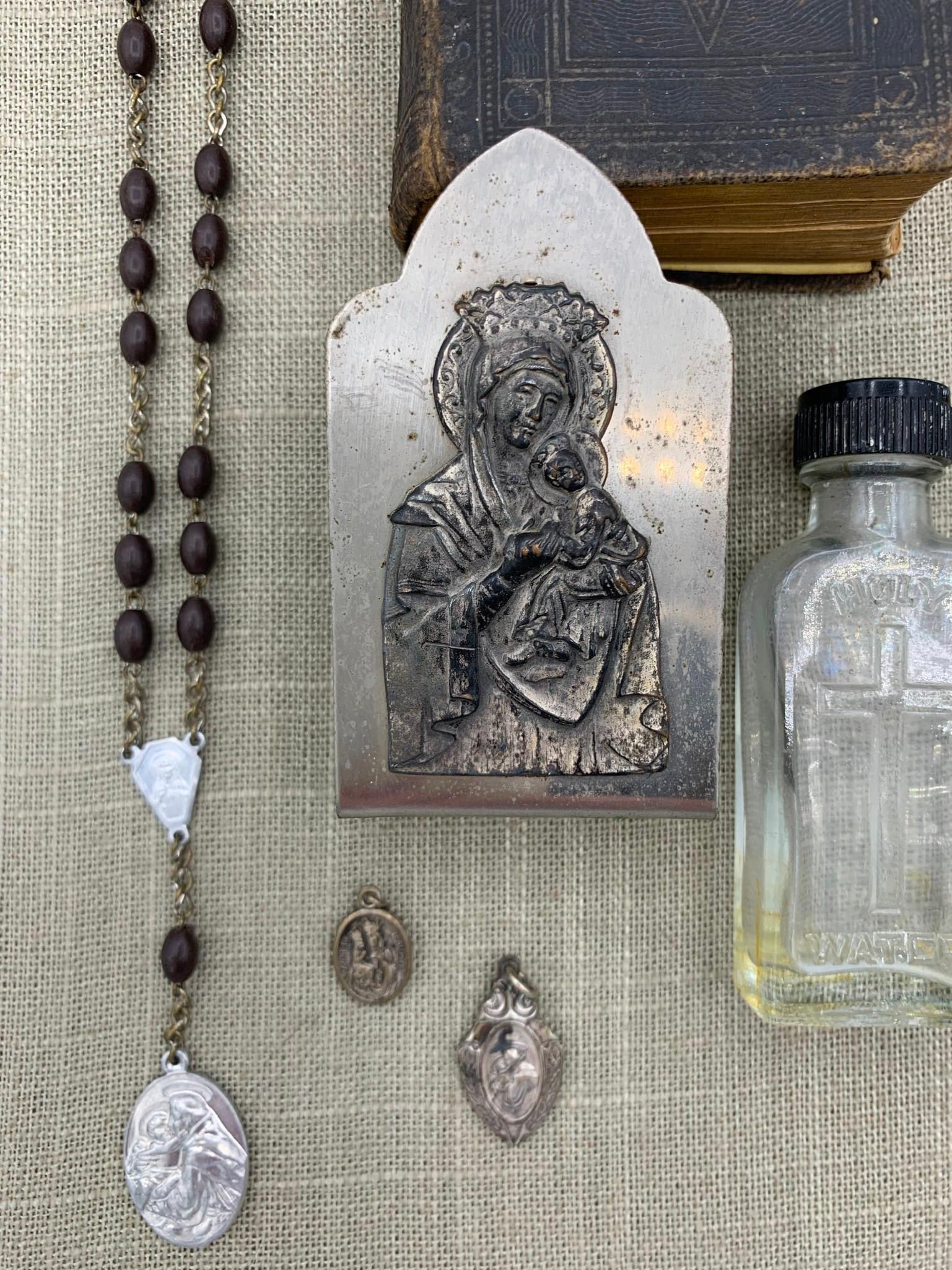 1849 Antique Miniature Prayer Book, Holy Water Bottle & Religious Relics Collection (1 of 13)